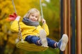 Little boy having fun on a swing on the playground in public park on autumn day. Happy child enjoy swinging Royalty Free Stock Photo