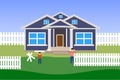 Little boy helping his father to build a fence for their house. Modern house vector with two men flat character. Building a fence Royalty Free Stock Photo