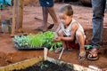 A little boy helping his parents plant a garden