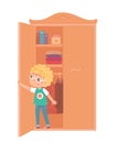 Little boy hiding in wardrobe with clothes in room. Playing hide and seek with friends at home vector illustration. Kid Royalty Free Stock Photo