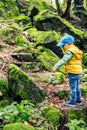 Little boy hiking adventure and climbing in mountains Royalty Free Stock Photo