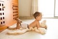 Little boy and his bear blanket Royalty Free Stock Photo