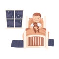 Little Boy in His Bed Under Blanket with Teddy Bear Having Night Rest Vector Illustration Royalty Free Stock Photo