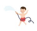 Little Boy in His Childhood Playing with Water Hose Vector Illustration Royalty Free Stock Photo