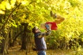 Little boy and his father having fun during stroll in the forest on sunny autumn day. Dad throws child up. Quality family time Royalty Free Stock Photo