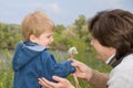 Little boy and his father play with dandelions
