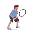 Little Boy Hold Racket Playing Tennis. Kid Character Sports Training. Happy Child Workout, Practicing Healthy Lifestyle Royalty Free Stock Photo