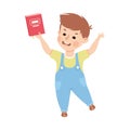 Little boy holding book in his raised hand cartoon vector illustration Royalty Free Stock Photo