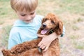 little boy is holding a brown poodle puppy in his arms Royalty Free Stock Photo