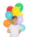 Little boy holding bunch of colorful balloons on white Royalty Free Stock Photo