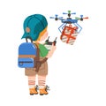 Little Boy Holding Console Panel Controlling Quadcopter Gadget Vector Illustration Royalty Free Stock Photo
