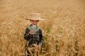 Little boy is holding dollars among a field of ripe ears of corn. Profit from agriculture during harvesting season in the summer Royalty Free Stock Photo