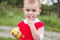 Little boy holding a duckling hands and looking into the camera