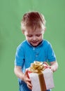 A little boy holding a gift box in his hands isolated on the green background Royalty Free Stock Photo