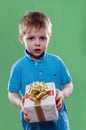 A little boy holding a gift box in his hands isolated on the green background Royalty Free Stock Photo