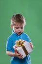 A little boy holding a gift box in his hands isolated on the green background Royalty Free Stock Photo