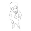 Little boy holding lollipop candy. Kid eating sweet. Line art. Hand drawn vector illustration isolated on white. Royalty Free Stock Photo