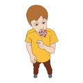 Little boy holding lollipop candy. Kid eating sweet. Vector illustration isolated on white Royalty Free Stock Photo