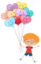 Little boy holding many heart balloons