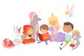 Little Boy Holding Opened Book Reading Fairy Tale with Fairy-tale Characters Sitting Behind Him Vector Illustration