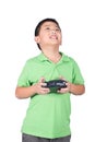 Little boy holding a radio remote control (controlling handset) for helicopter , drone or plane Isolated Royalty Free Stock Photo