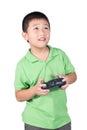 Little boy holding a radio remote control (controlling handset) for helicopter , drone or plane Isolated Royalty Free Stock Photo