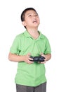 Little boy holding a radio remote control (controlling handset) for helicopter , drone or plane Isolated Royalty Free Stock Photo