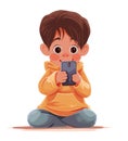 Little boy holding smart phone in the hands and looking in its screen, modern kids and childhood, flat design vector illustration