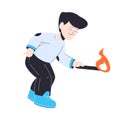 Little Boy Holding Stick Playing with Fire Vector Illustration
