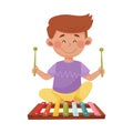 Little Boy Holding Sticks Playing Xylophone Vector Illustration