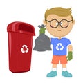 Little boy holding stinky trash bag and throwing it on recycle bin