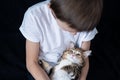 Little boy holding straight kurilian bobtail kitten with love