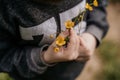 Little boy holding yellow flowers in his hands Royalty Free Stock Photo