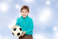 Little boy holds soccer ball. Royalty Free Stock Photo
