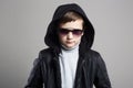 Little boy in hoodie and sunglasses. stylish kid Royalty Free Stock Photo