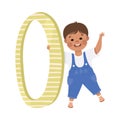 Little Boy with Huge Number Zero or Numeral Learning Basic Counting Vector Illustration