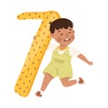 Little Boy with Huge Yellow Number Seven or Numeral Learning Basic Counting Vector Illustration