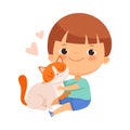 Little Boy Hugging and Cuddling with His Pet Cat Vector Illustration Royalty Free Stock Photo