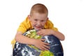 Little boy hugging planet earth Royalty Free Stock Photo