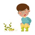 Little Boy Hunkering Down Exploring Worm Crawling on the Ground Vector Illustration
