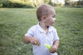 Little boy inflates and bursts soap bubbles. Cute funny kid is playing with soap bubbles in the park. Place for text Royalty Free Stock Photo