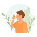 Little boy inhales asthma inhaler against allergy attack