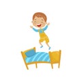 Little boy jumping on a bed, hoodlum cheerful kid, bad child behavior vector Illustration on a white background