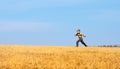 Little boy jumping for joy on a meadow Royalty Free Stock Photo