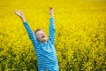 Little boy jumping for joy on a meadow in a sunny day Royalty Free Stock Photo