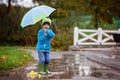 Little boy, jumping in muddy puddles Royalty Free Stock Photo