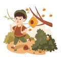 Little Boy in the Jungle Escaping from Bee Flying Behind Him Exploring Tropical Environment Vector Illustration