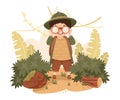 Little Boy in the Jungle Looking in Binoculars Exploring Tropical Environment Vector Illustration