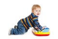 Little boy and the keyboard on white background. funny boy baby. Royalty Free Stock Photo