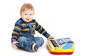 Little boy and the keyboard on white background. funny boy baby. Royalty Free Stock Photo